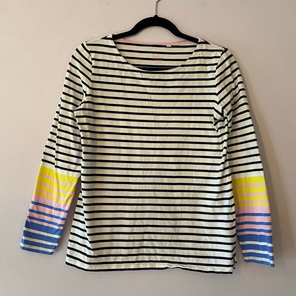 Boden Navy White Colorful Striped Long Sleeve Tee Crewneck Women's size 8